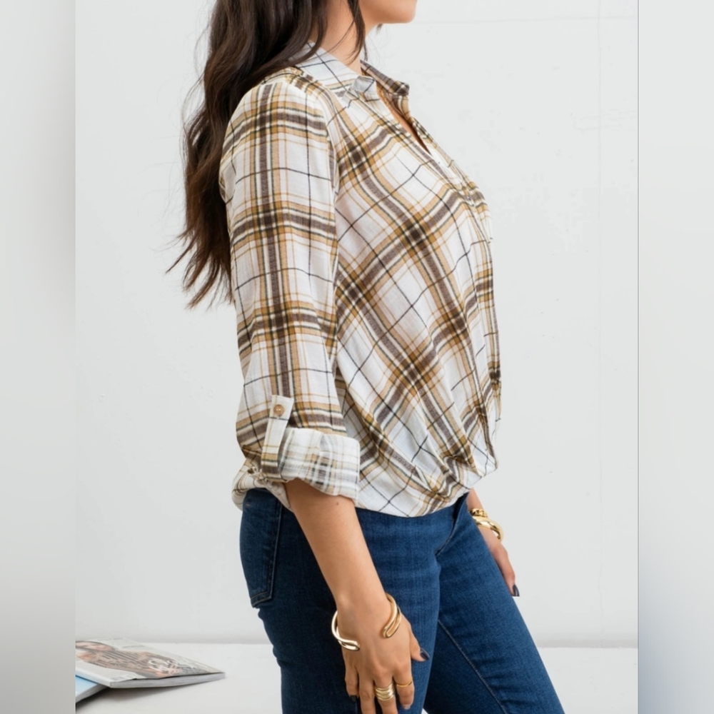 #351 🛑S, M  Boho Plaid Draped Roll Tab Sleeve Top - Picture 3 of 5